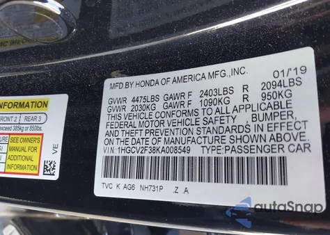 2019 Honda Accord Sport 2.0T from USA, damaged, VIN 1HGCV2F38KA008549